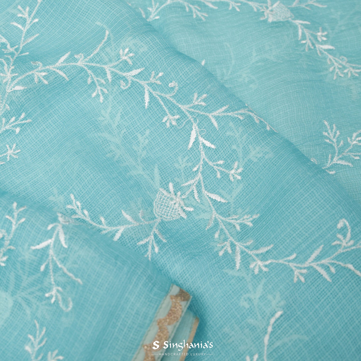 Celeste Blue Kota Silk Saree With Floral Thread Work