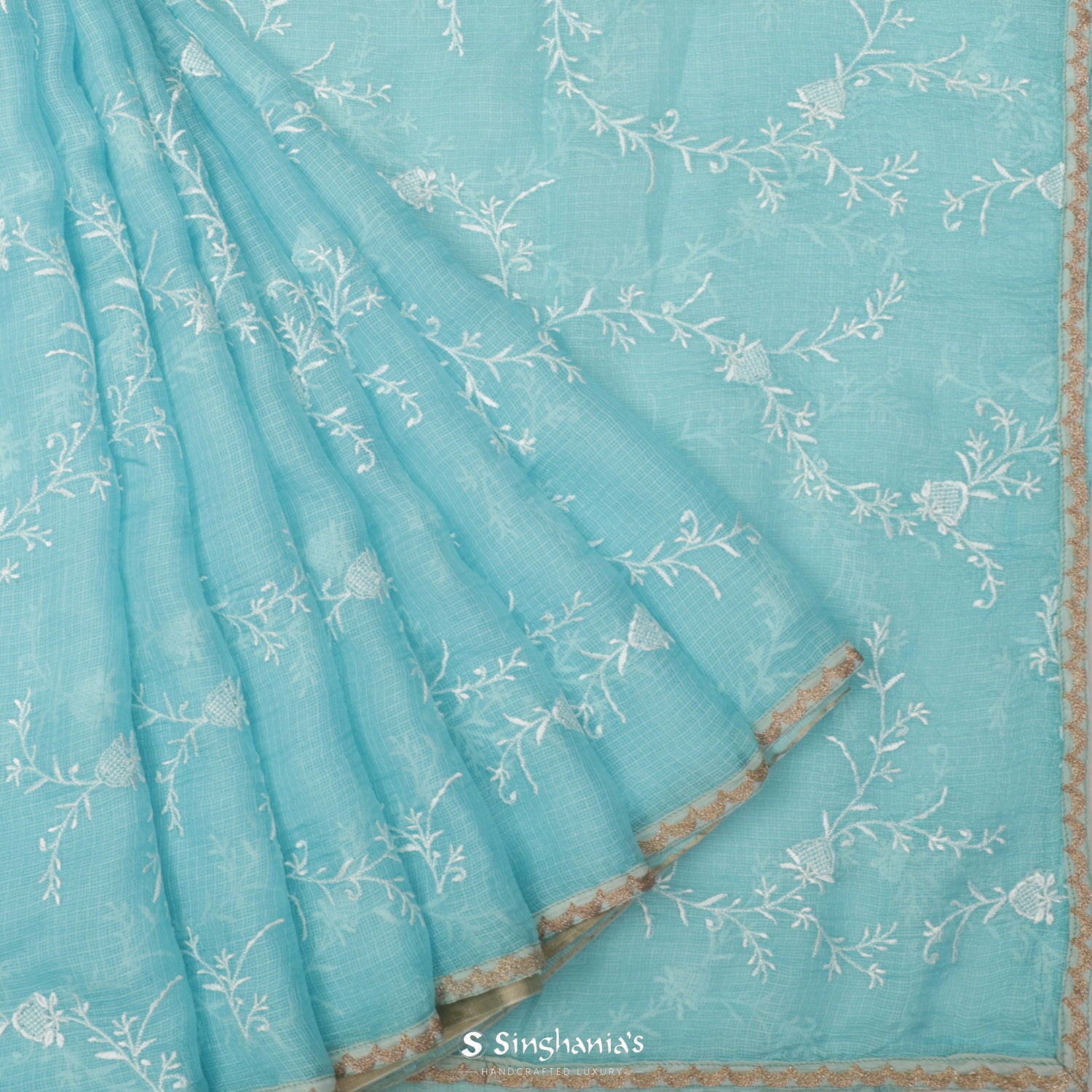 Celeste Blue Kota Silk Saree With Floral Thread Work