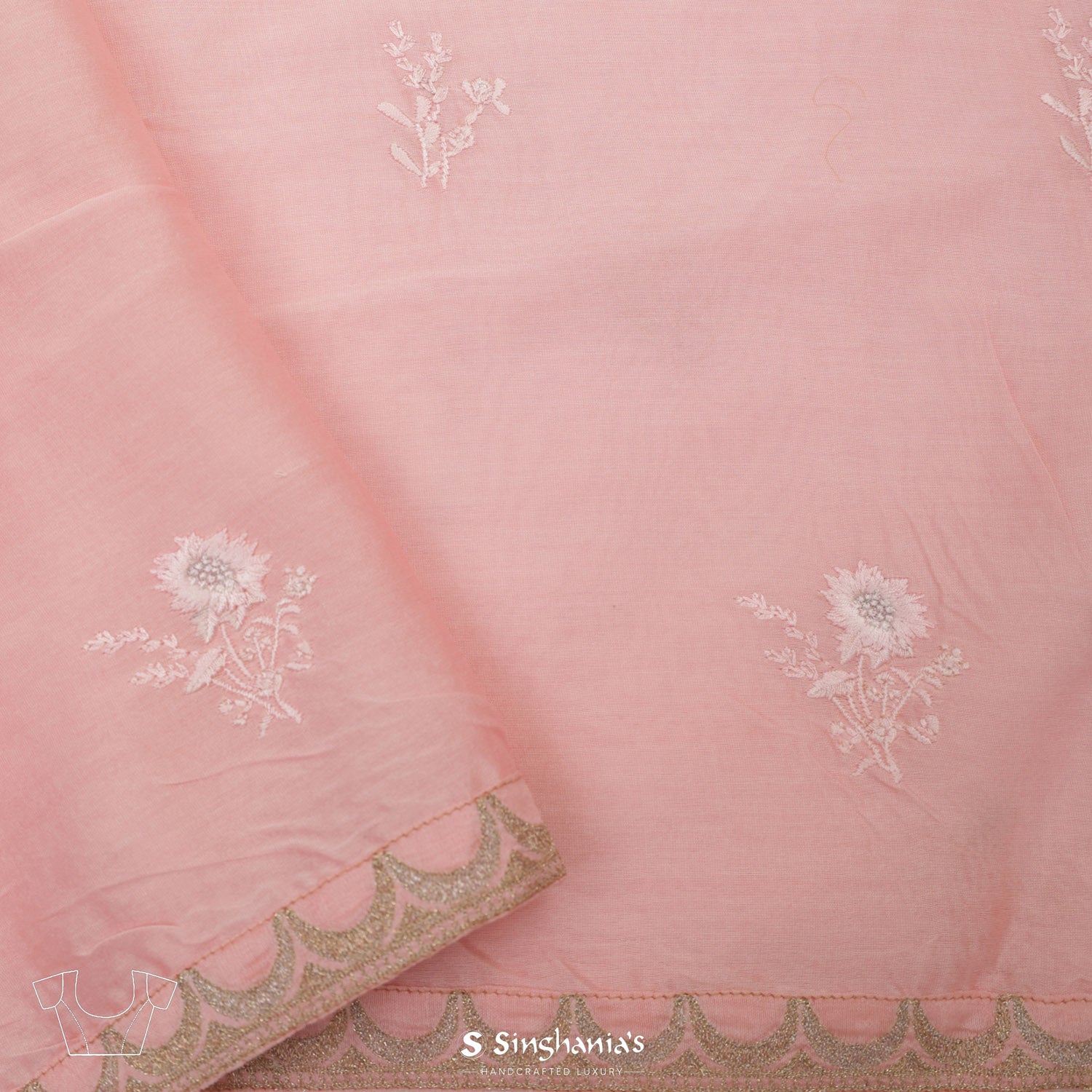 Tulip Pink Kota Silk Saree With Floral Thread Work