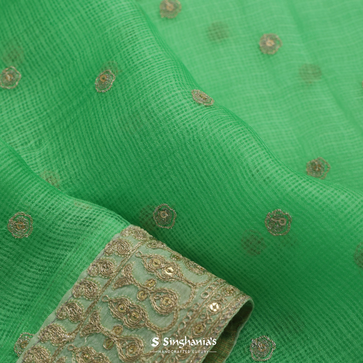 Paris Green Kota Silk Saree With Floral Motifs