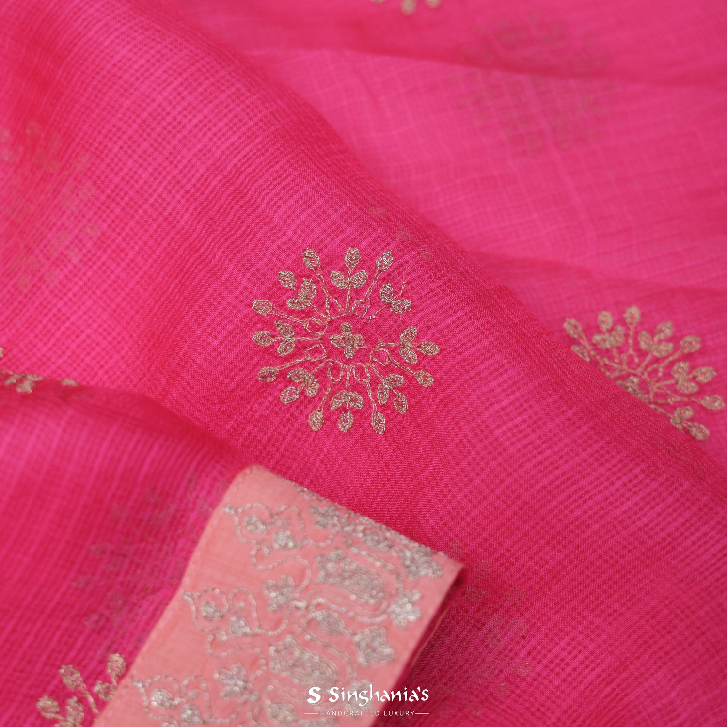 French Pink Kota Silk Saree With Floral Zari Buttis