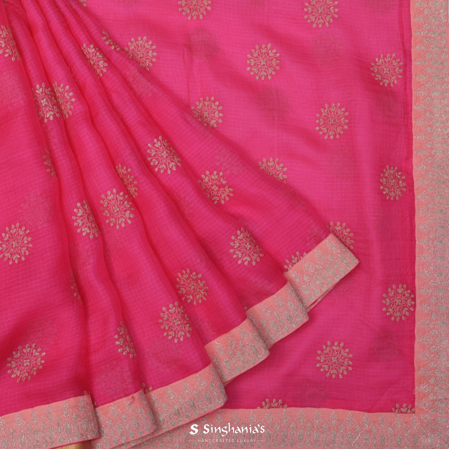 French Pink Kota Silk Saree With Floral Zari Buttis