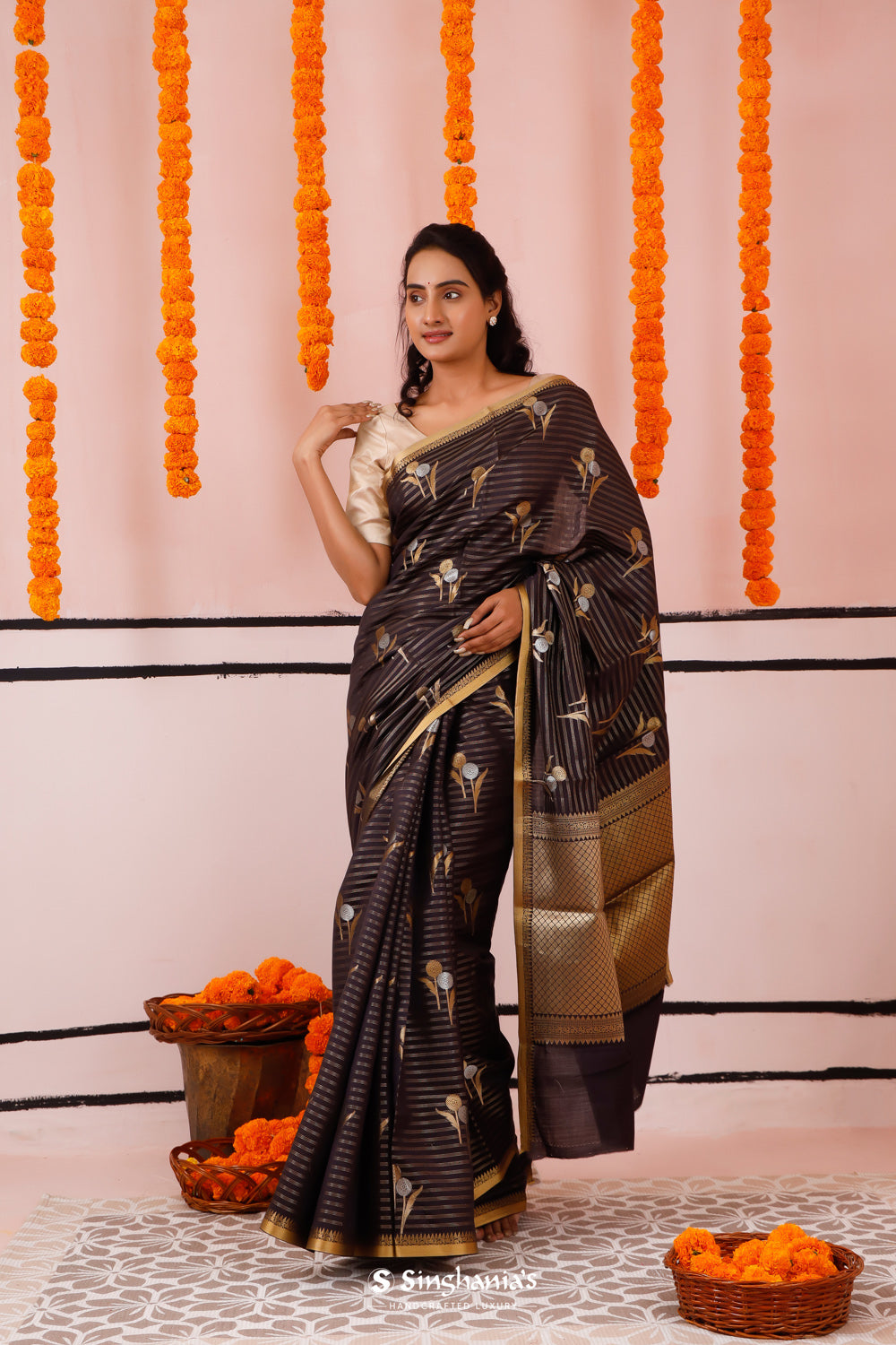 Black Blue Banarasi Silk Saree With Floral Butta Weaving