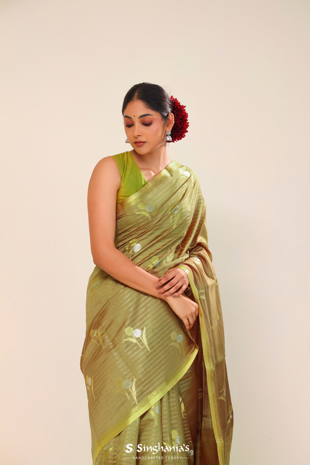 Olive Green Chiniya Banarasi Silk Saree