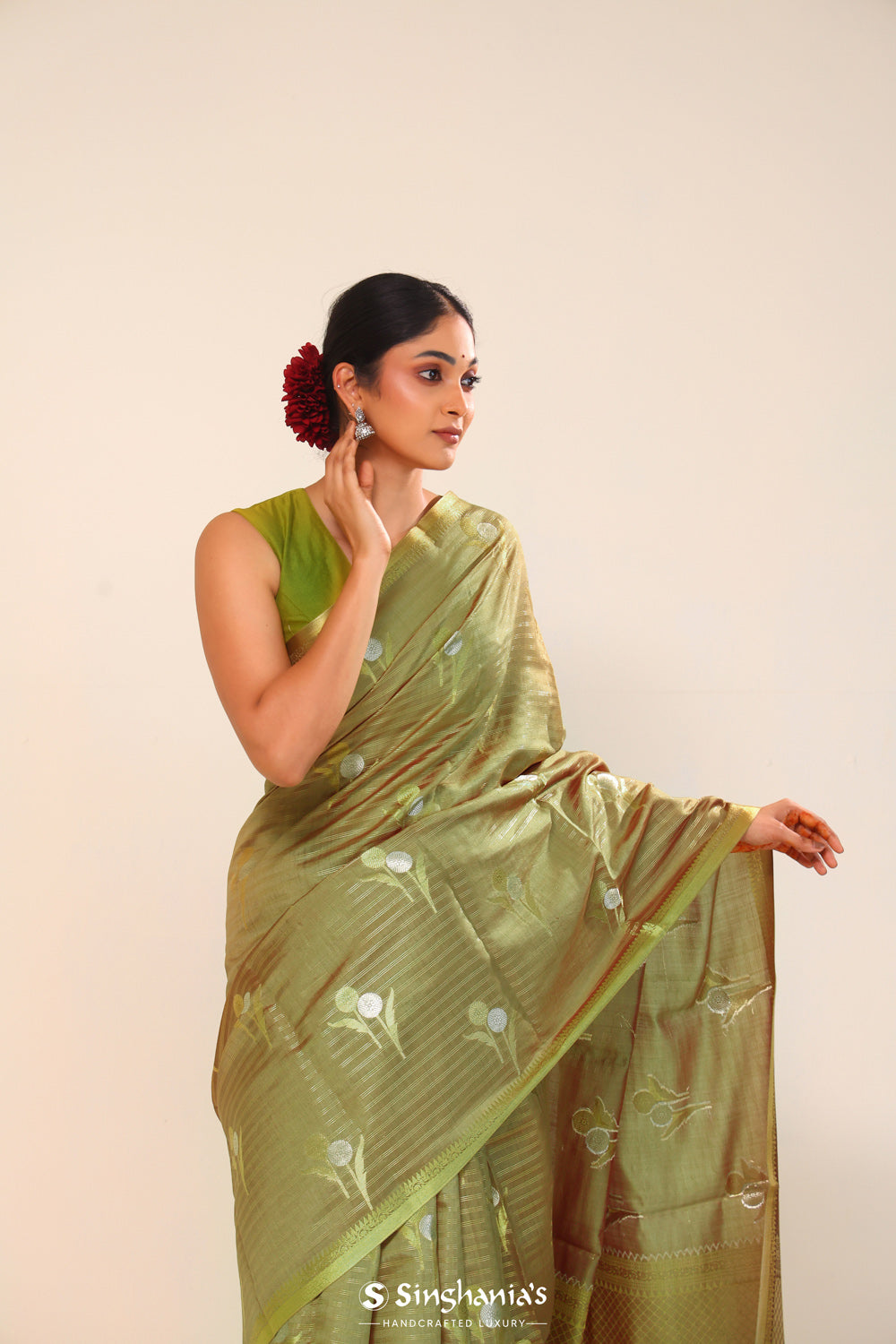 Olive Green Chiniya Banarasi Silk Saree