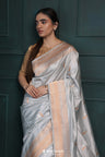 Misty Grey Banarasi Silk Saree With Floral Buttas-Stripes Design