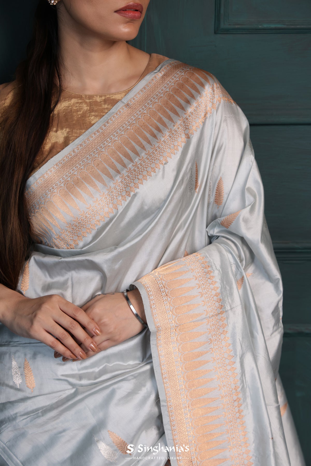 Misty Grey Banarasi Silk Saree With Floral Buttas-Stripes Design