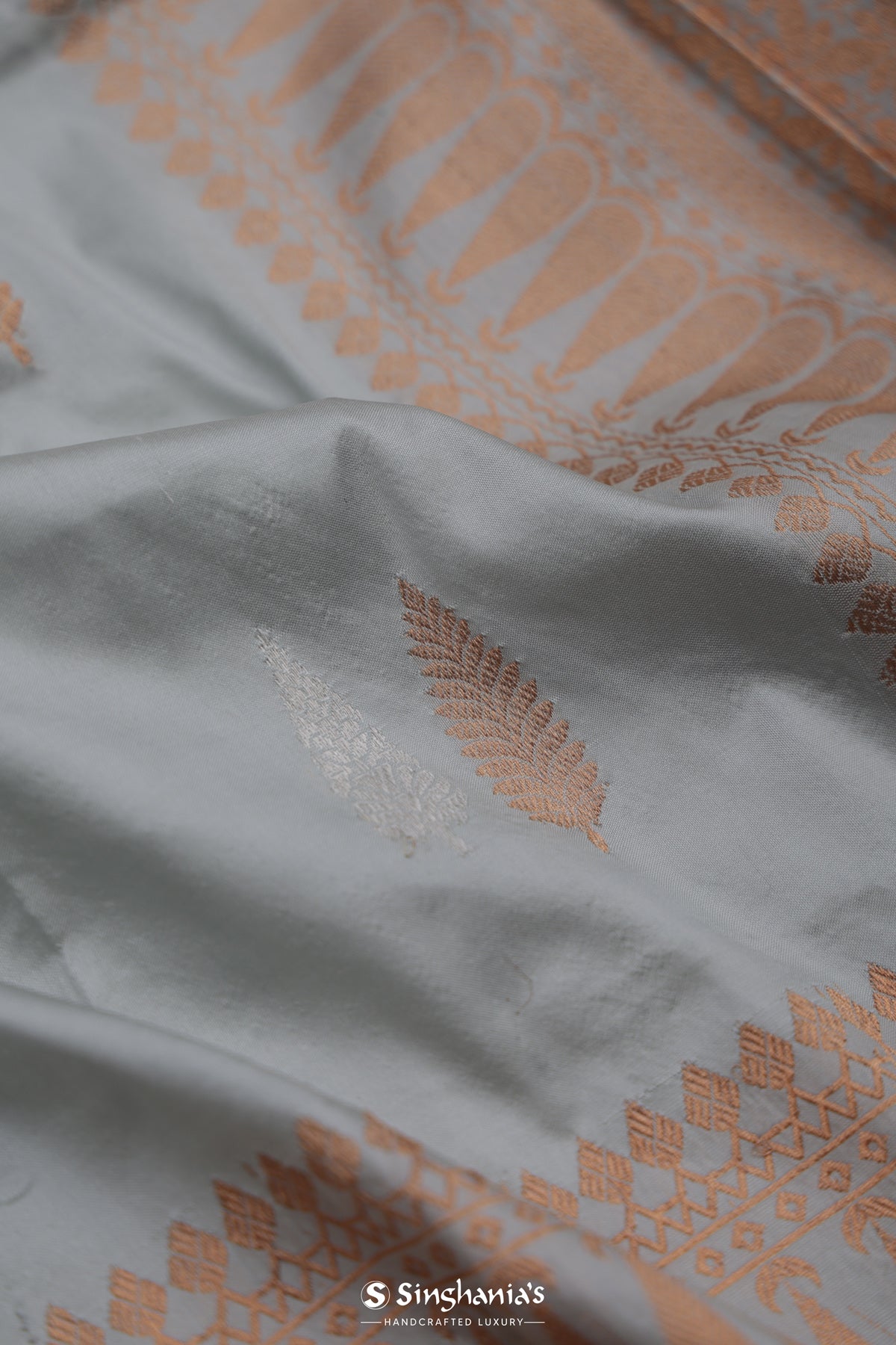 Misty Grey Banarasi Silk Saree With Floral Buttas-Stripes Design