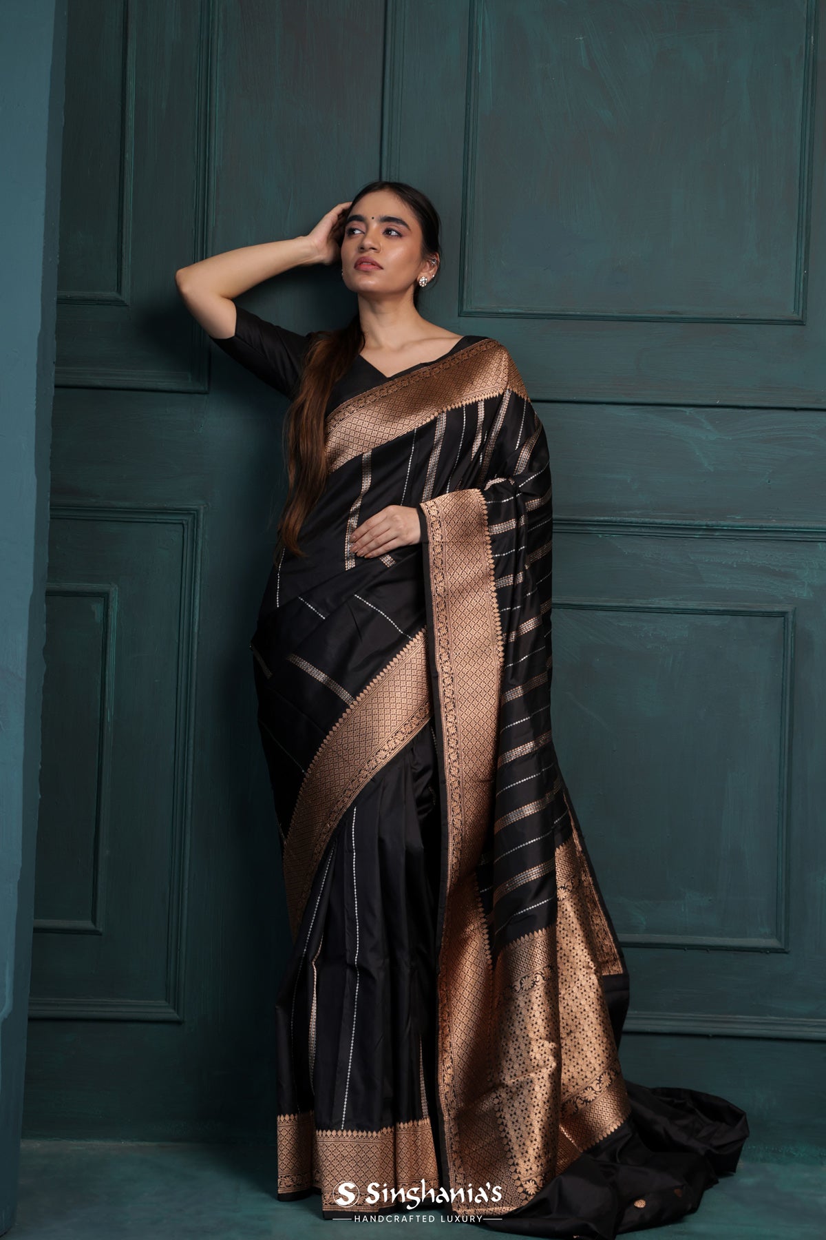 Deep Black Banarasi Silk Saree With Stripes Design