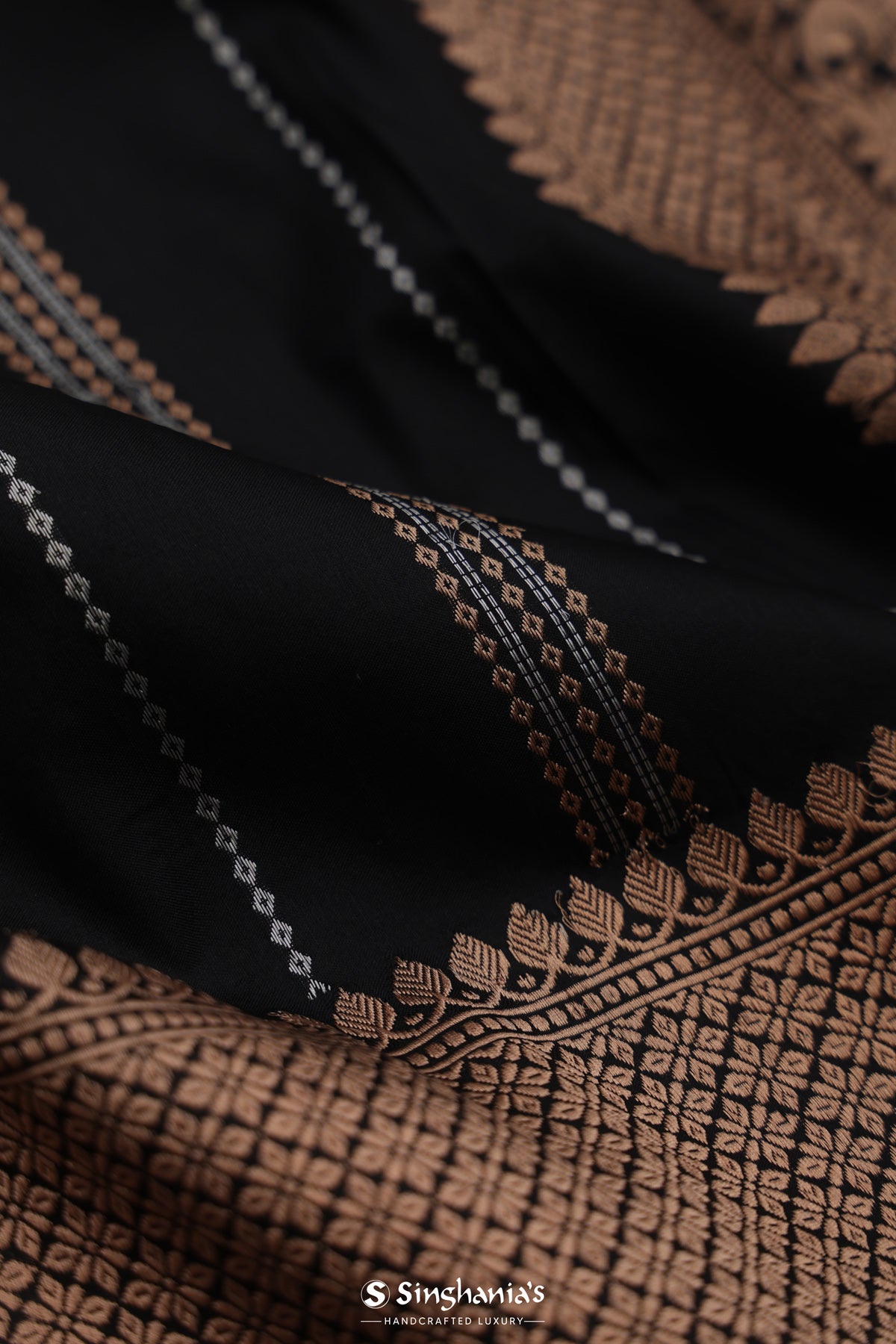 Deep Black Banarasi Silk Saree With Stripes Design