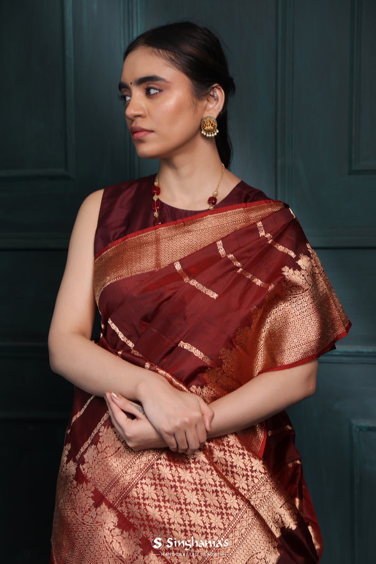 Rust Red Banarasi Silk Saree With Stripes Design