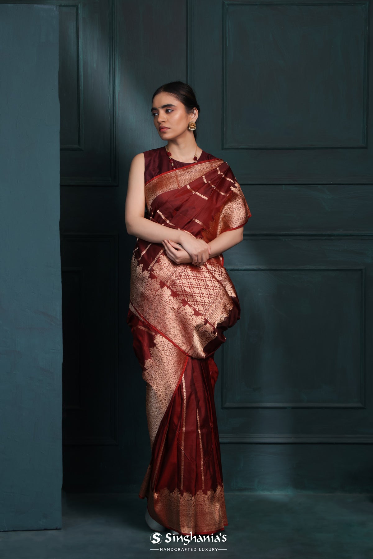 Rust Red Banarasi Silk Saree With Stripes Design