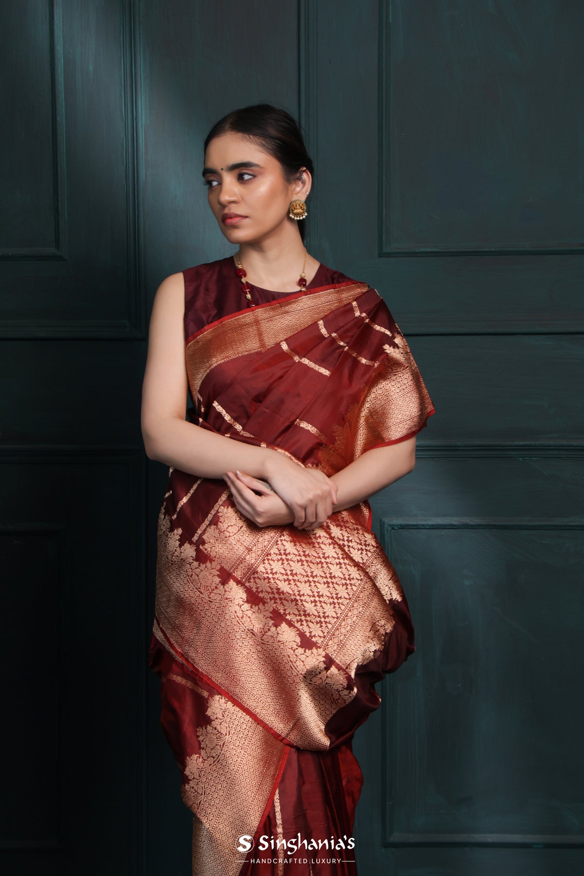 Rust Red Banarasi Silk Saree With Stripes Design