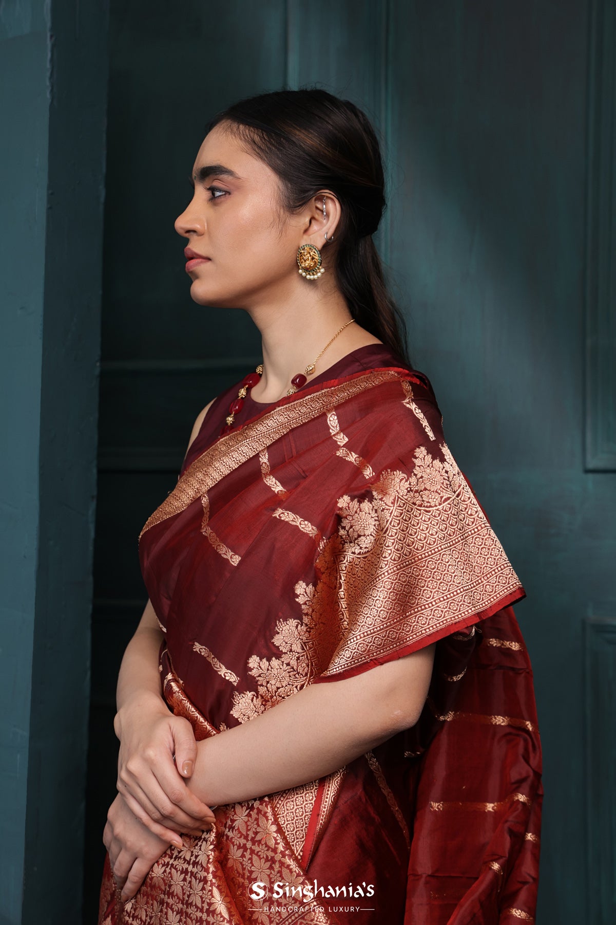 Rust Red Banarasi Silk Saree With Stripes Design