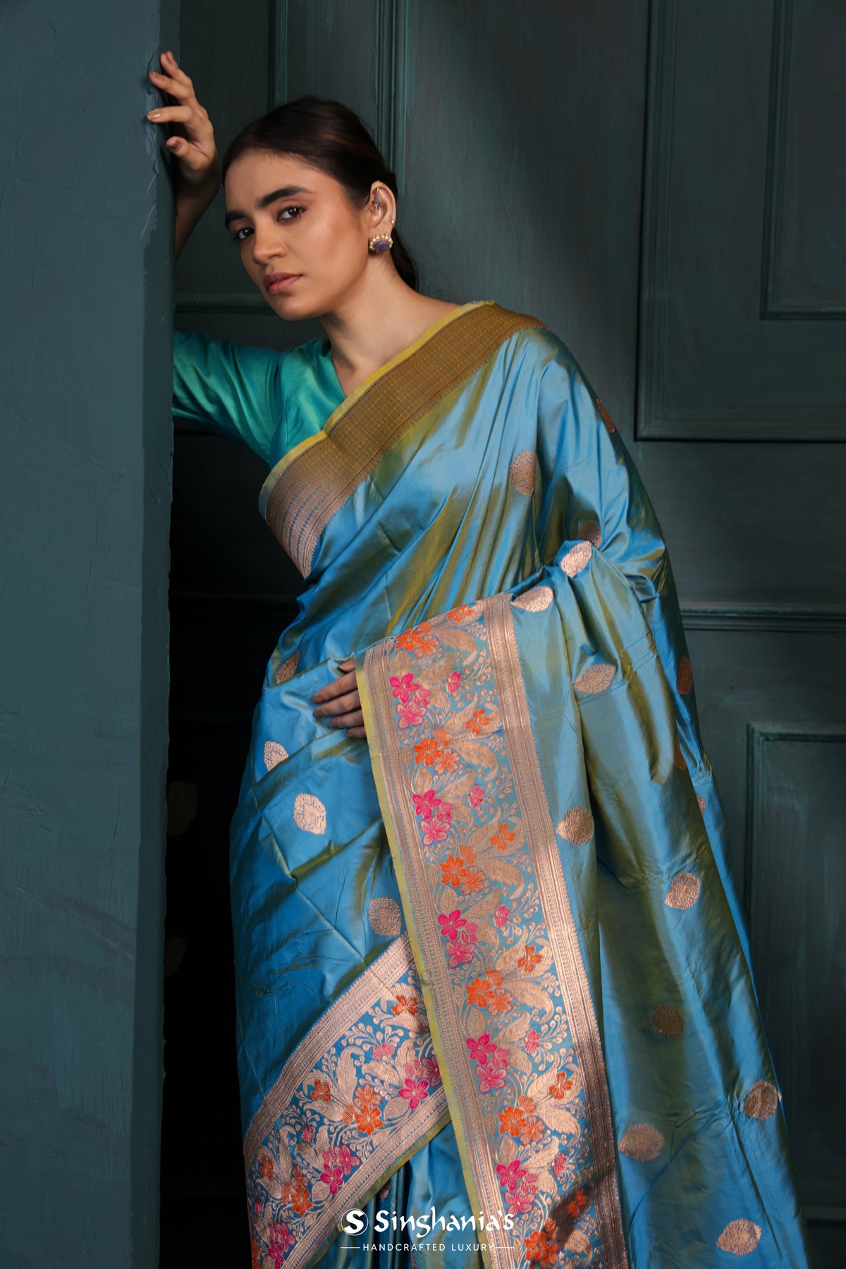 Ocean Blue Banarasi Silk Saree With Floral Buttas Design