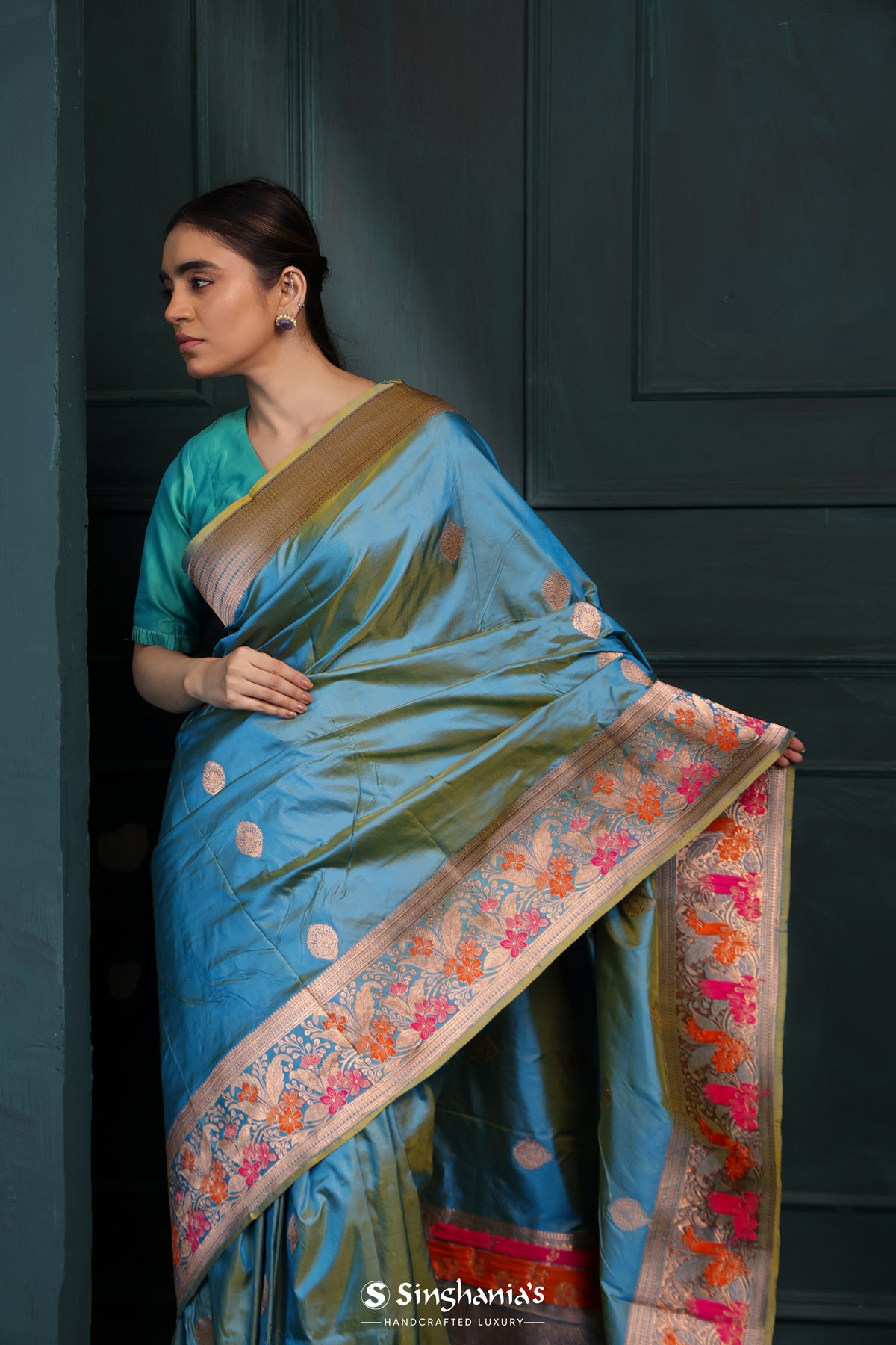 Ocean Blue Banarasi Silk Saree With Floral Buttas Design