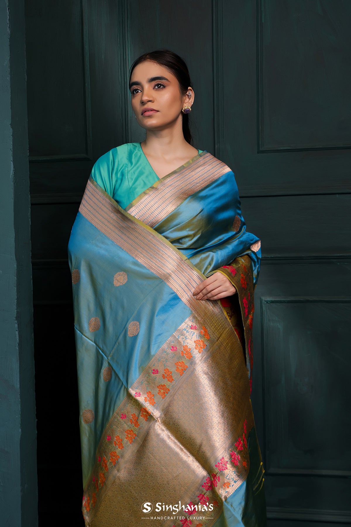 Ocean Blue Banarasi Silk Saree With Floral Buttas Design