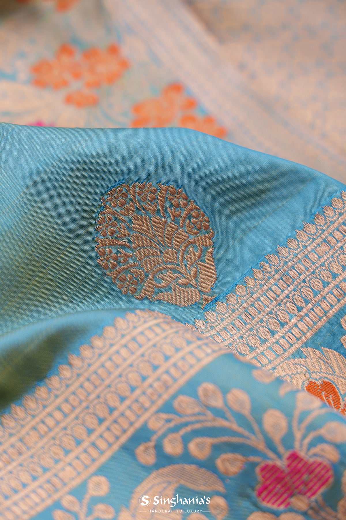 Ocean Blue Banarasi Silk Saree With Floral Buttas Design