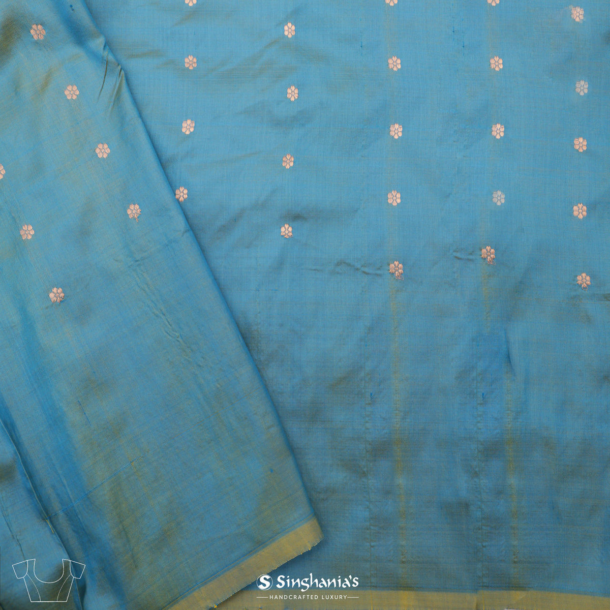 Ocean Blue Banarasi Silk Saree With Floral Buttas Design