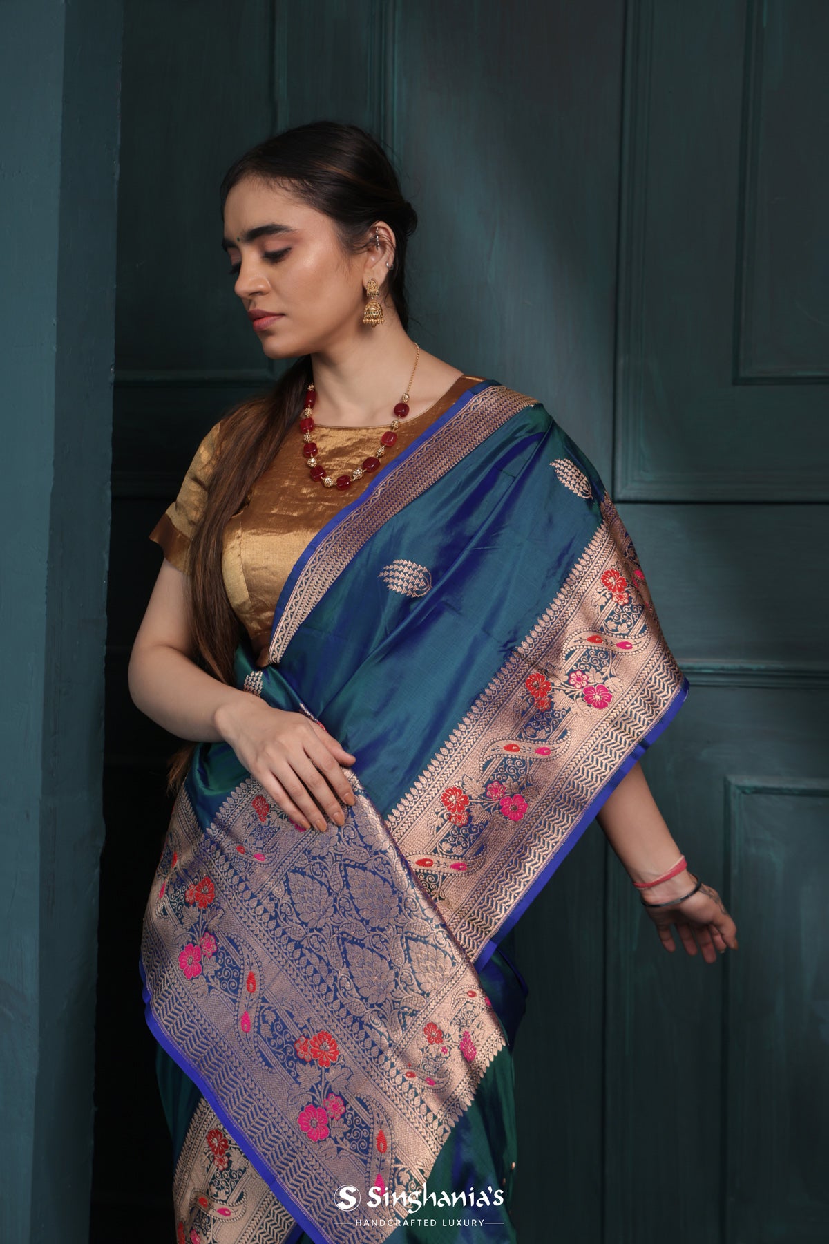 Blue Sapphire Banarasi Silk Saree With Floral Buttas Design