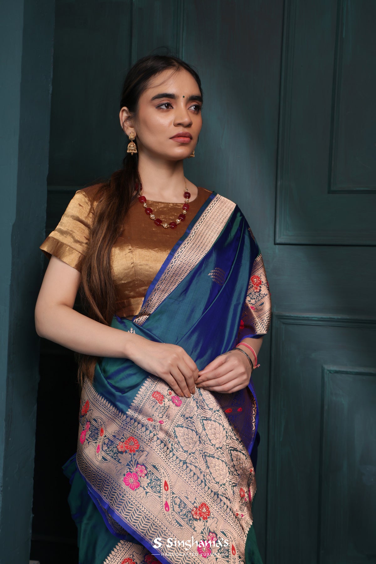 Blue Sapphire Banarasi Silk Saree With Floral Buttas Design