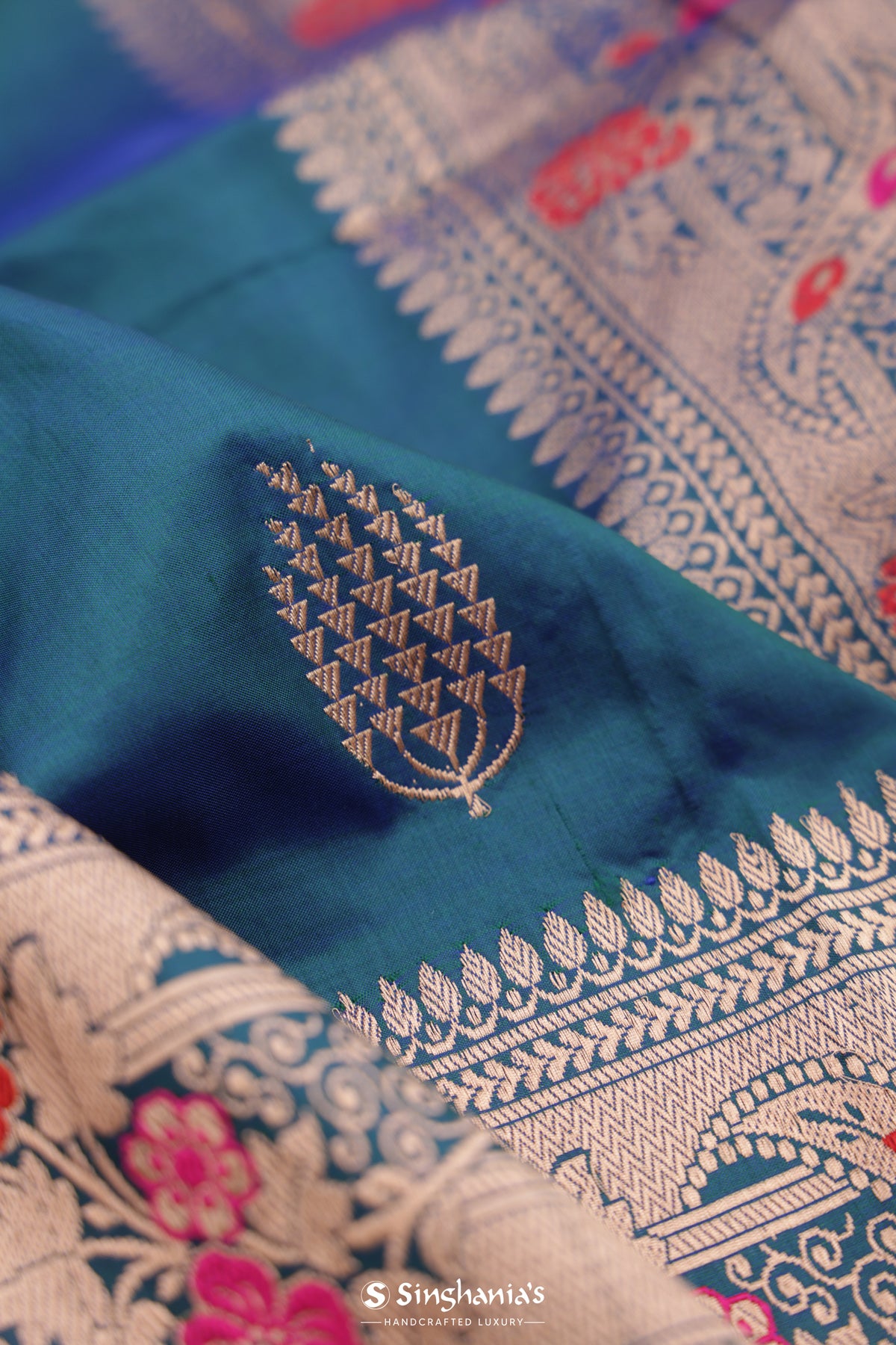 Blue Sapphire Banarasi Silk Saree With Floral Buttas Design