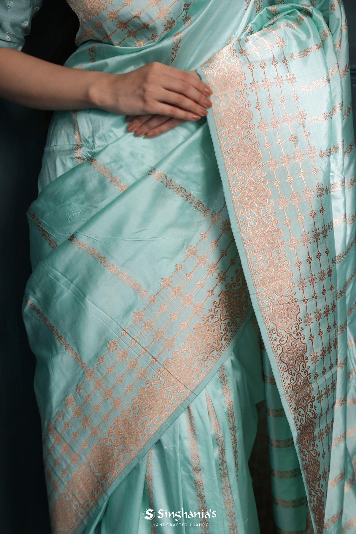 Light Turquoise Blue Banarasi Silk Saree With Floral Stripes Weaving