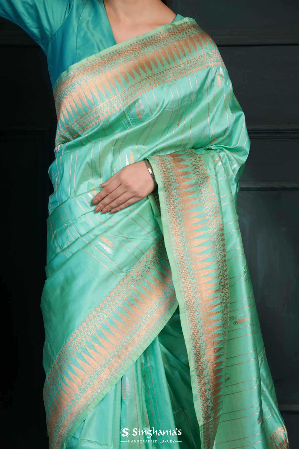 Caribbean Green Banarasi Silk Saree With Floral Buttas-Stripes Design