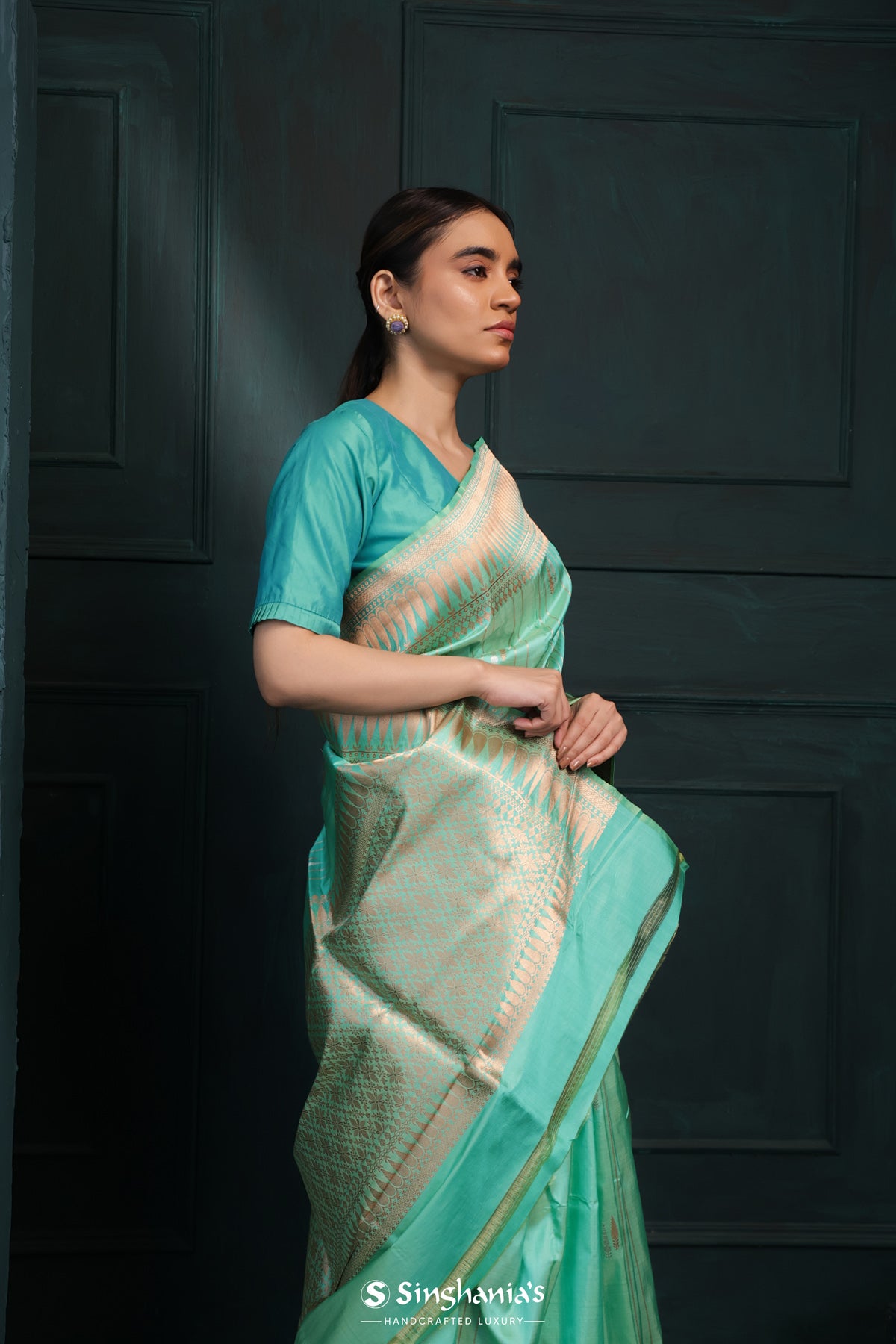 Caribbean Green Banarasi Silk Saree With Floral Buttas-Stripes Design