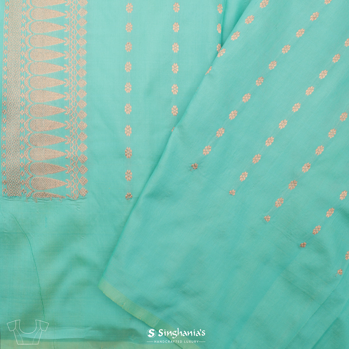 Caribbean Green Banarasi Silk Saree With Floral Buttas-Stripes Design