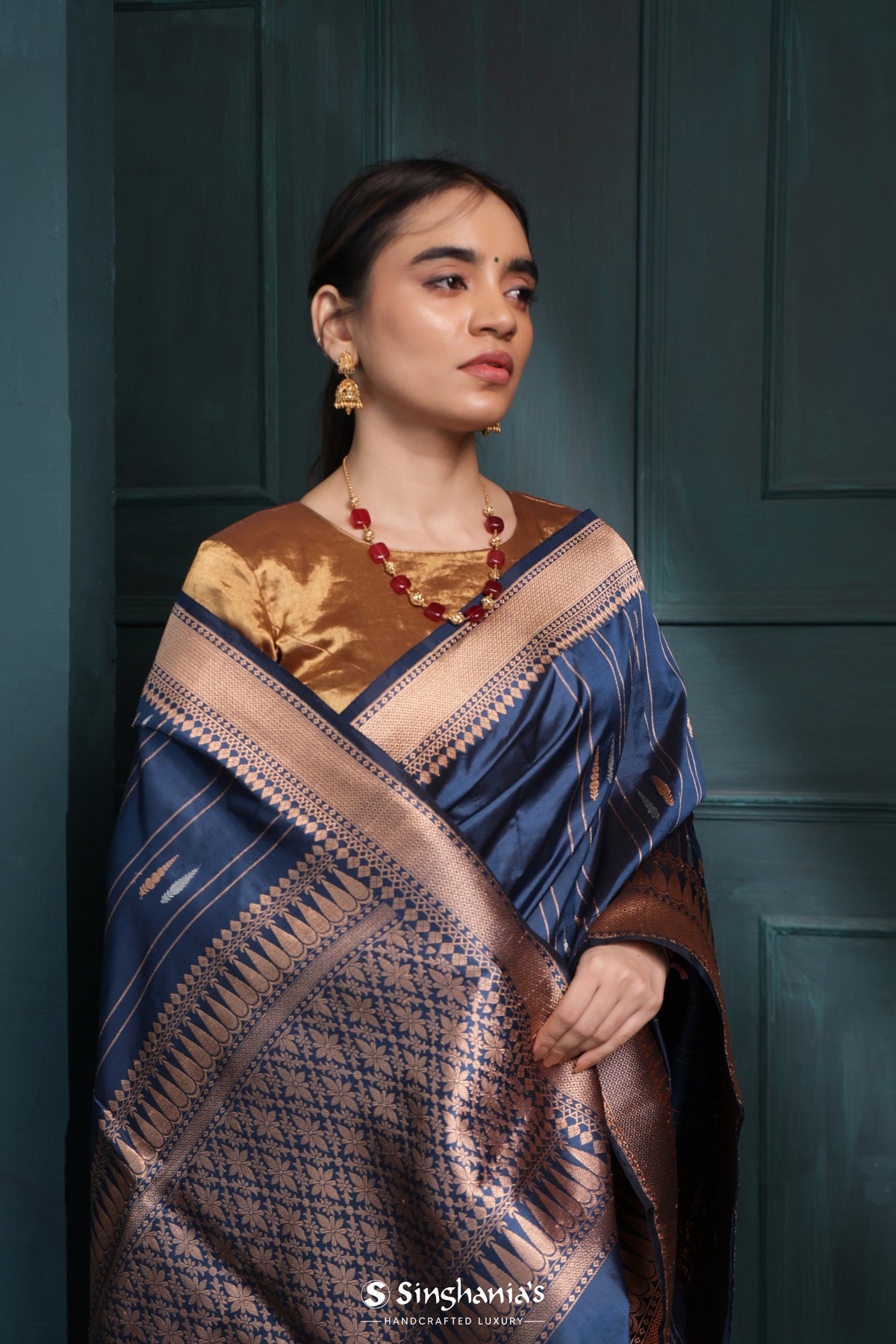 Prussian Blue Banarasi Silk Saree With Floral Buttas-Stripes Design