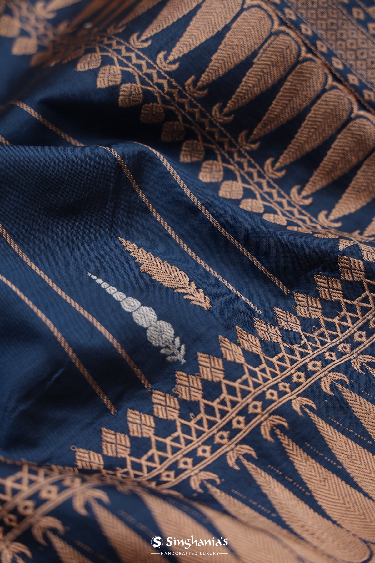 Prussian Blue Banarasi Silk Saree With Floral Buttas-Stripes Design