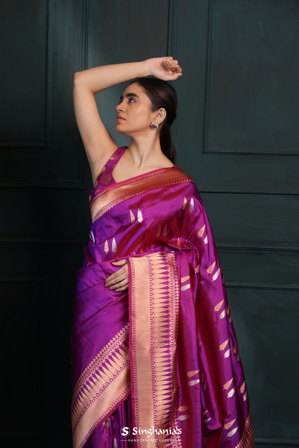 Tacao Purple Banarasi Silk Saree With Floral Buttas Design