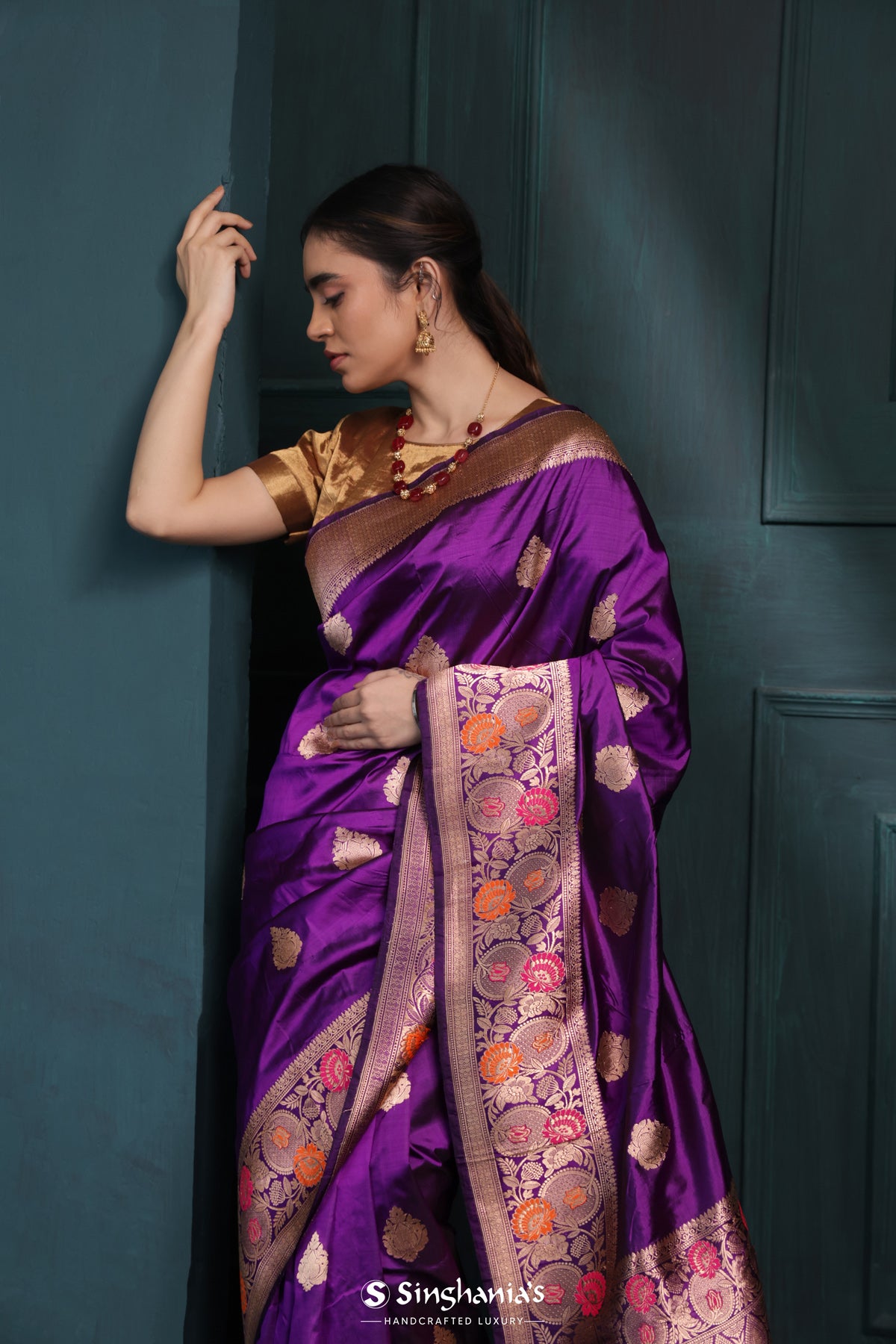 Munsell Purple Banarasi Silk Saree With Floral Buttas Design