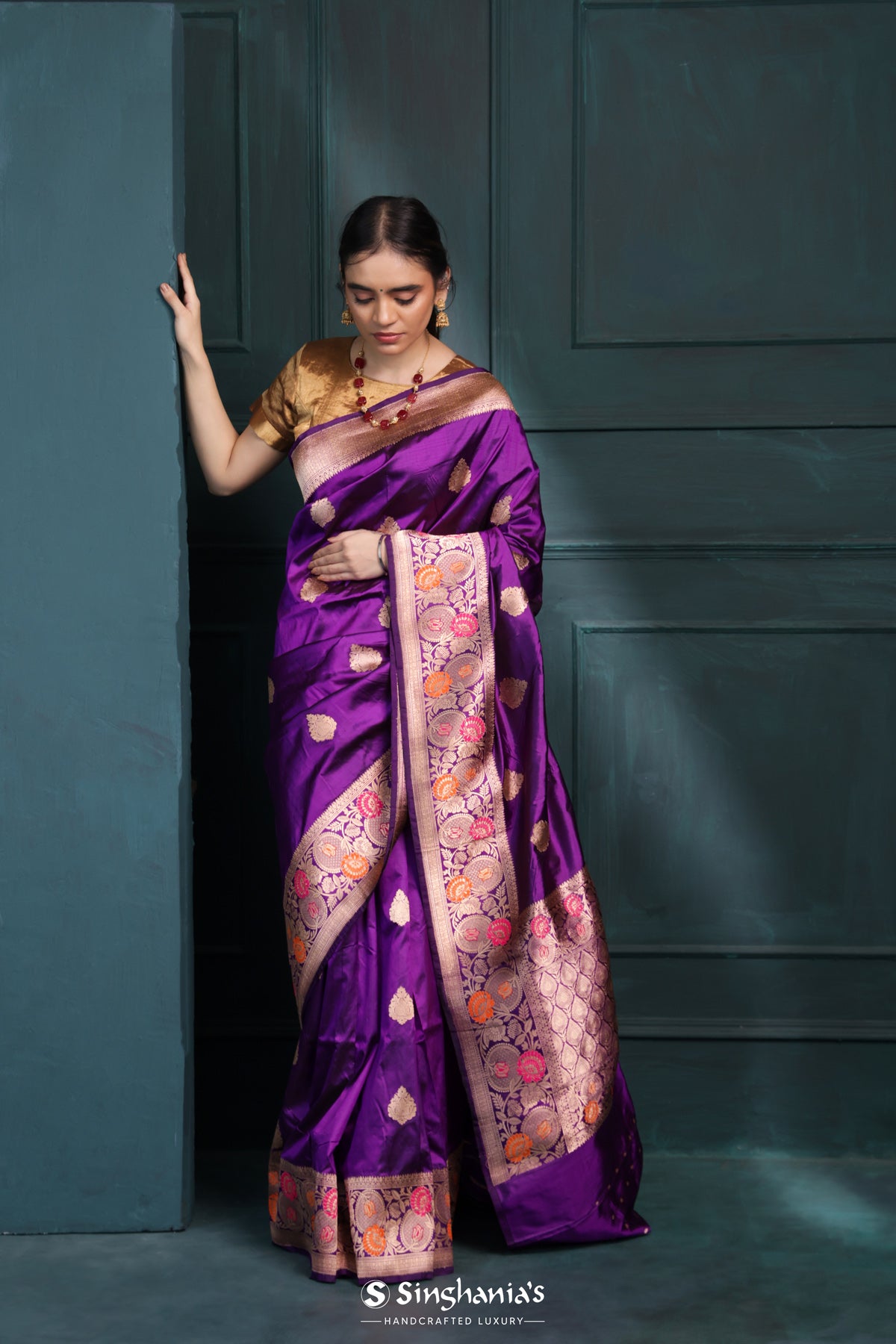 Munsell Purple Banarasi Silk Saree With Floral Buttas Design