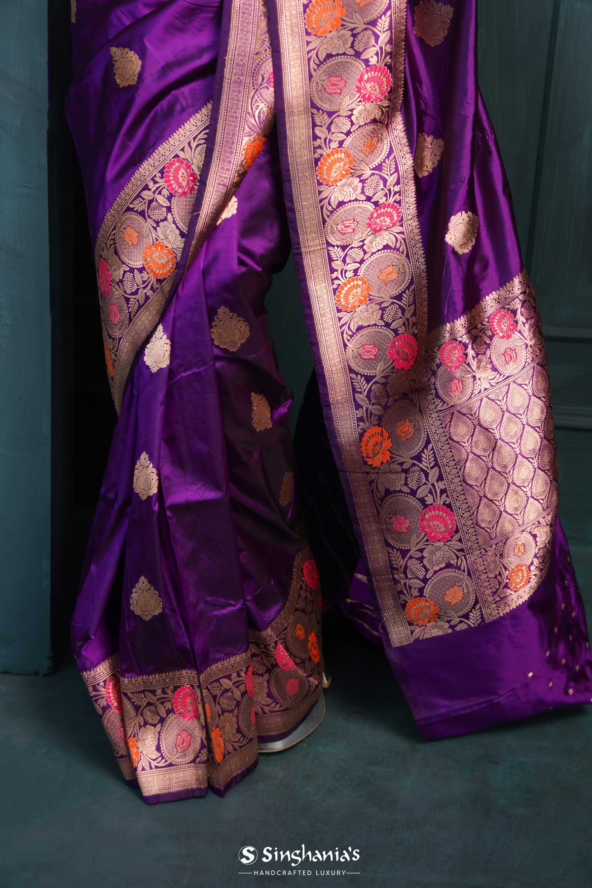 Munsell Purple Banarasi Silk Saree With Floral Buttas Design