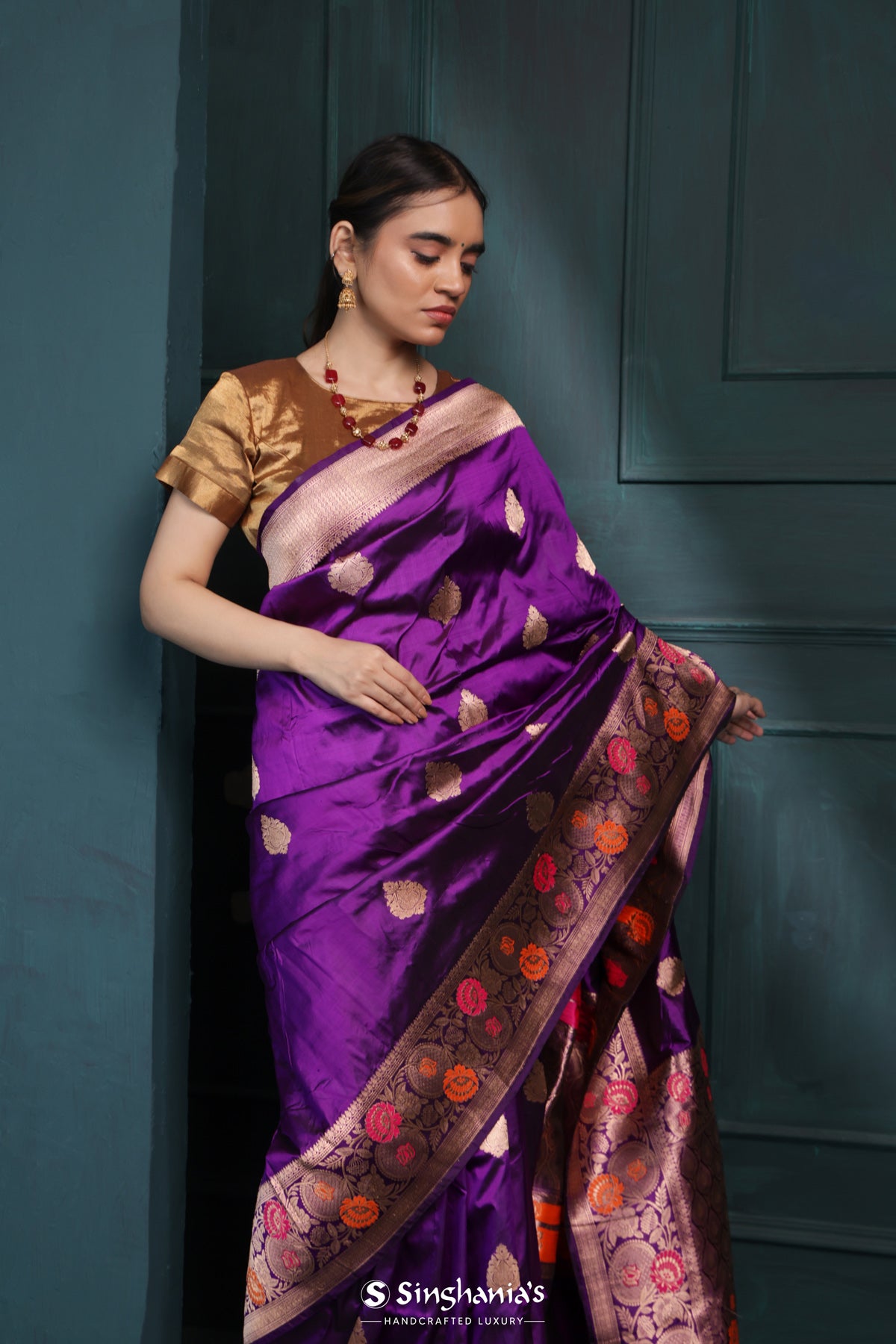 Munsell Purple Banarasi Silk Saree With Floral Buttas Design