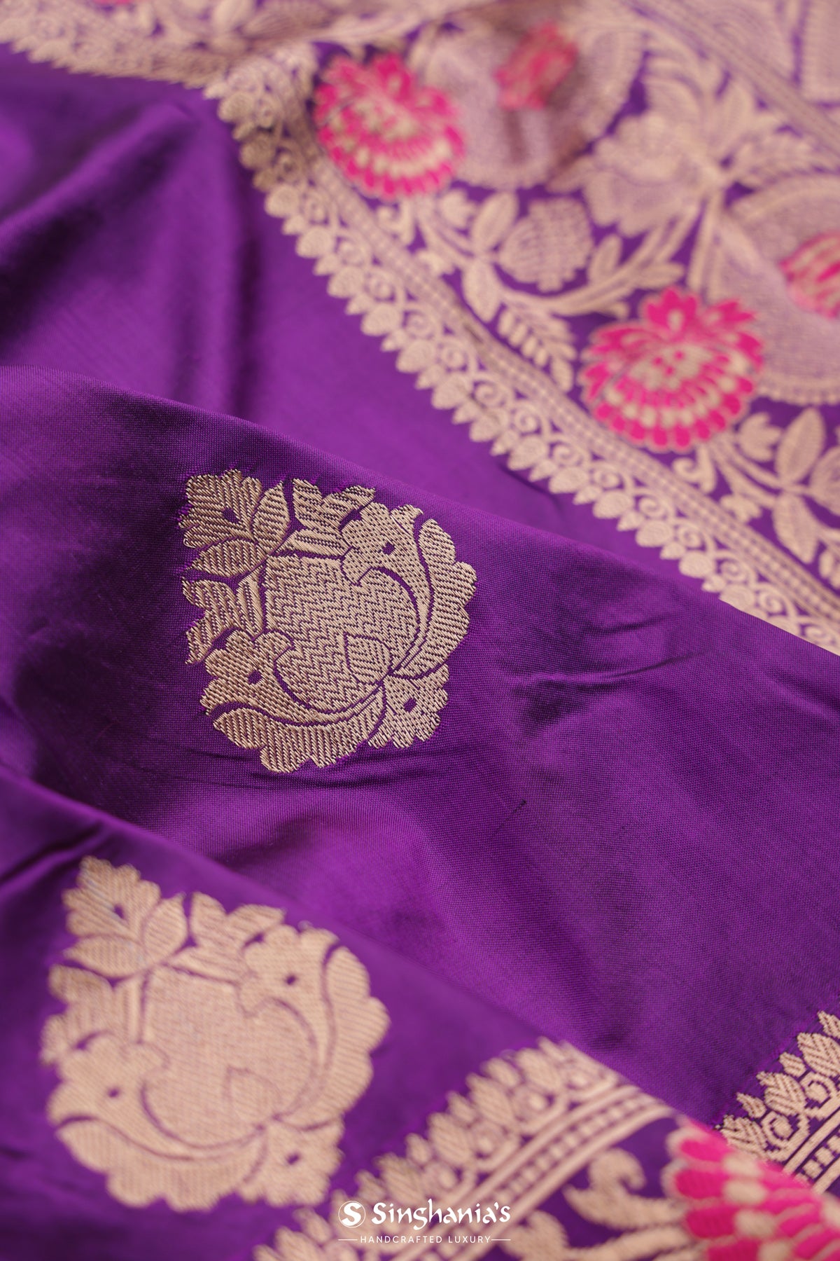 Munsell Purple Banarasi Silk Saree With Floral Buttas Design