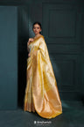 Warm Yellow Banarasi Silk Saree With Stripes Design