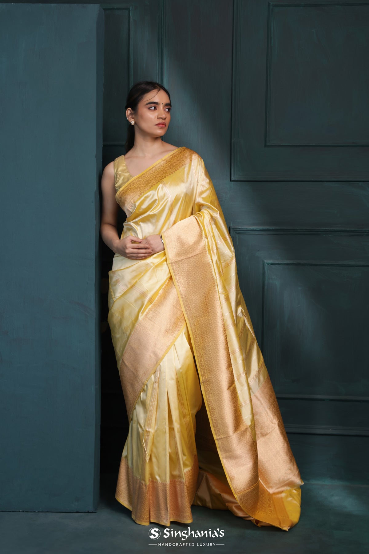 Warm Yellow Banarasi Silk Saree With Stripes Design