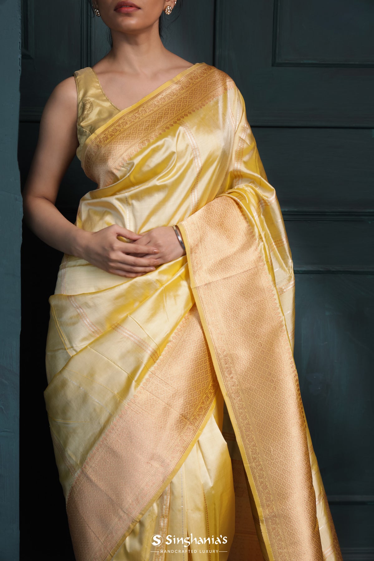 Warm Yellow Banarasi Silk Saree With Stripes Design