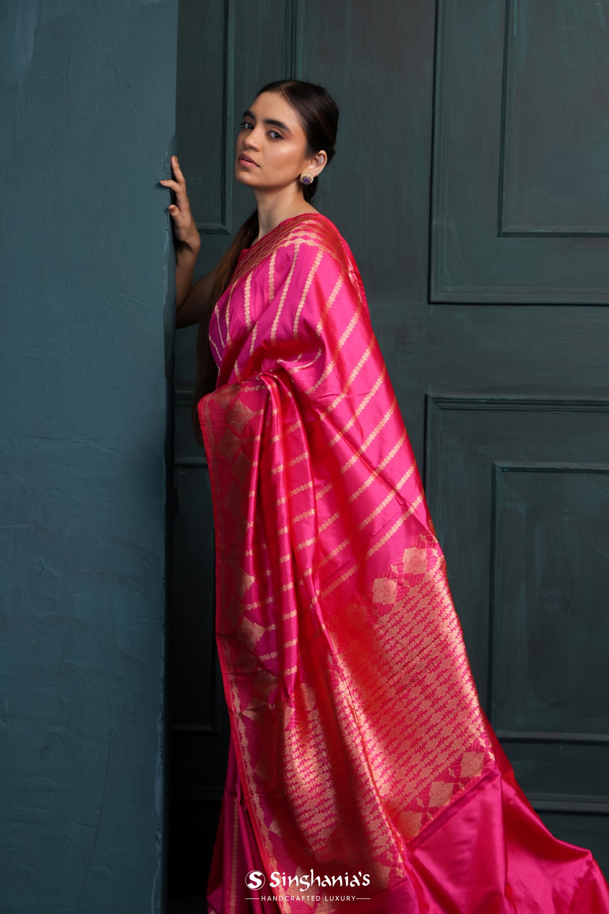 Brilliant Rose Pink Banarasi Silk Saree With Floral Stripes Design