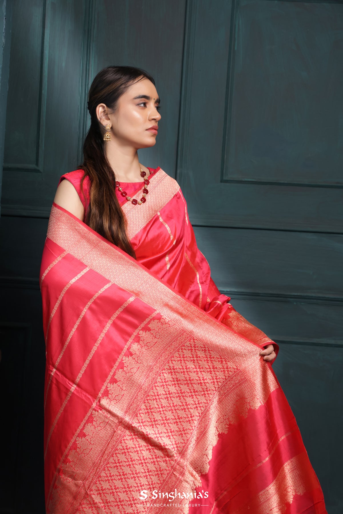 Imperial Red Banarasi Silk Saree With Floral Stripes Design