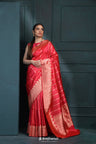 Imperial Red Banarasi Silk Saree With Floral Stripes Design