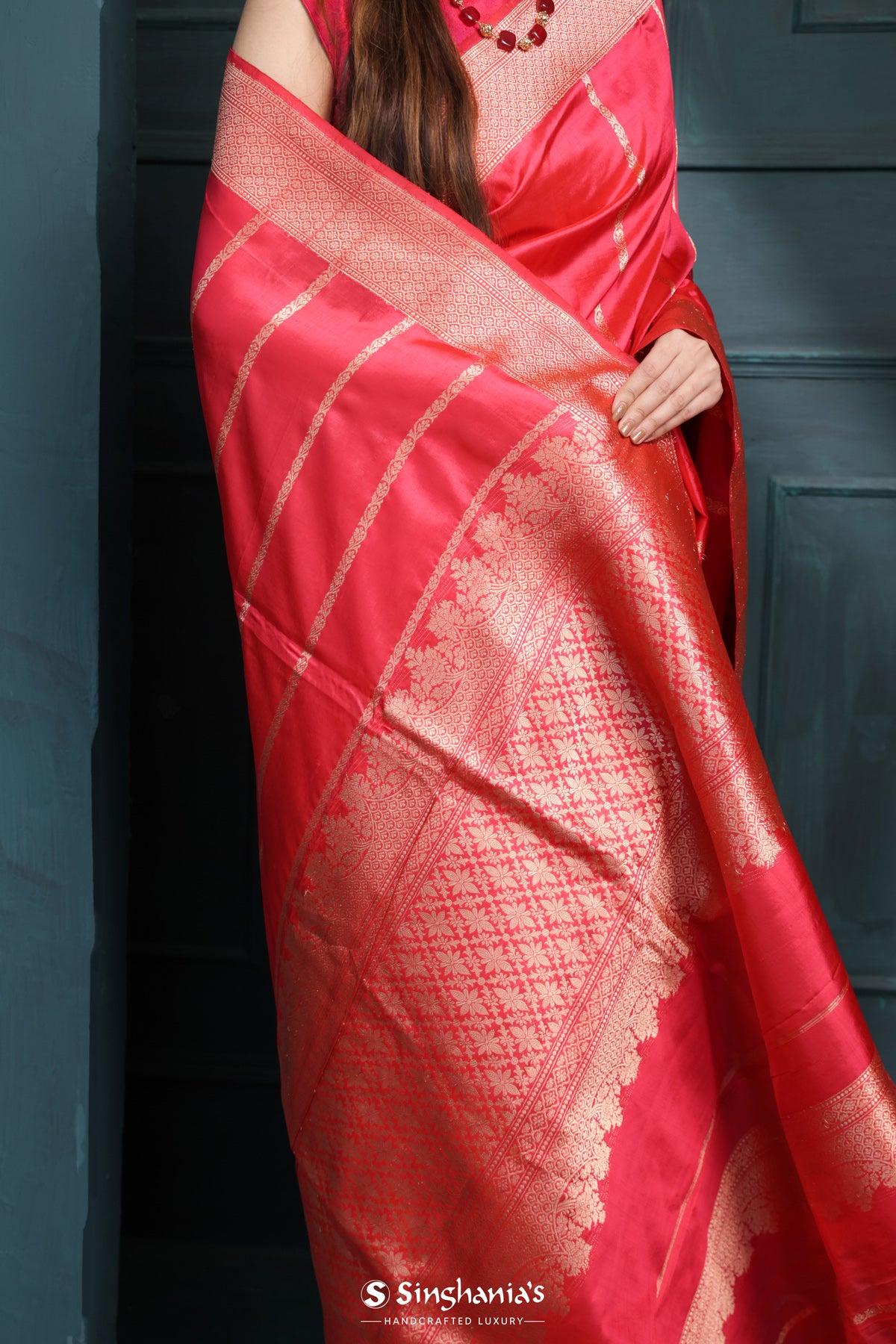 Imperial Red Banarasi Silk Saree With Floral Stripes Design