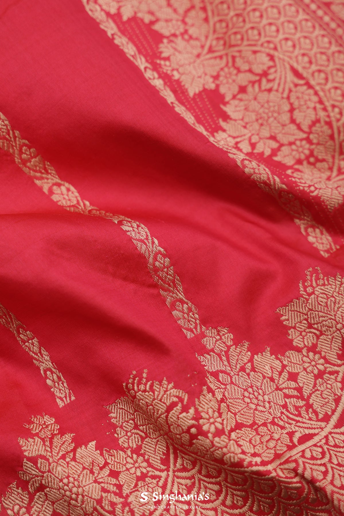 Imperial Red Banarasi Silk Saree With Floral Stripes Design