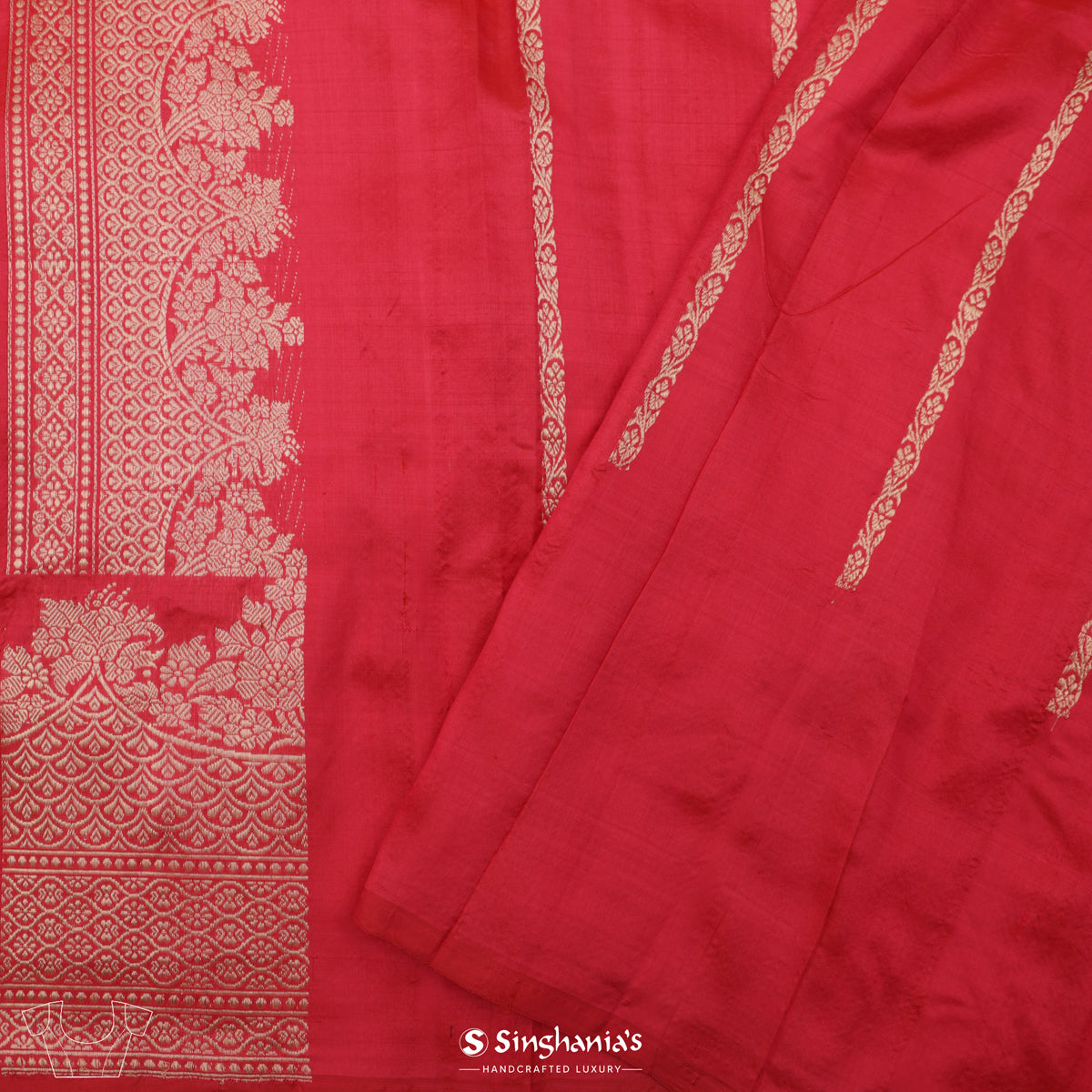 Imperial Red Banarasi Silk Saree With Floral Stripes Design