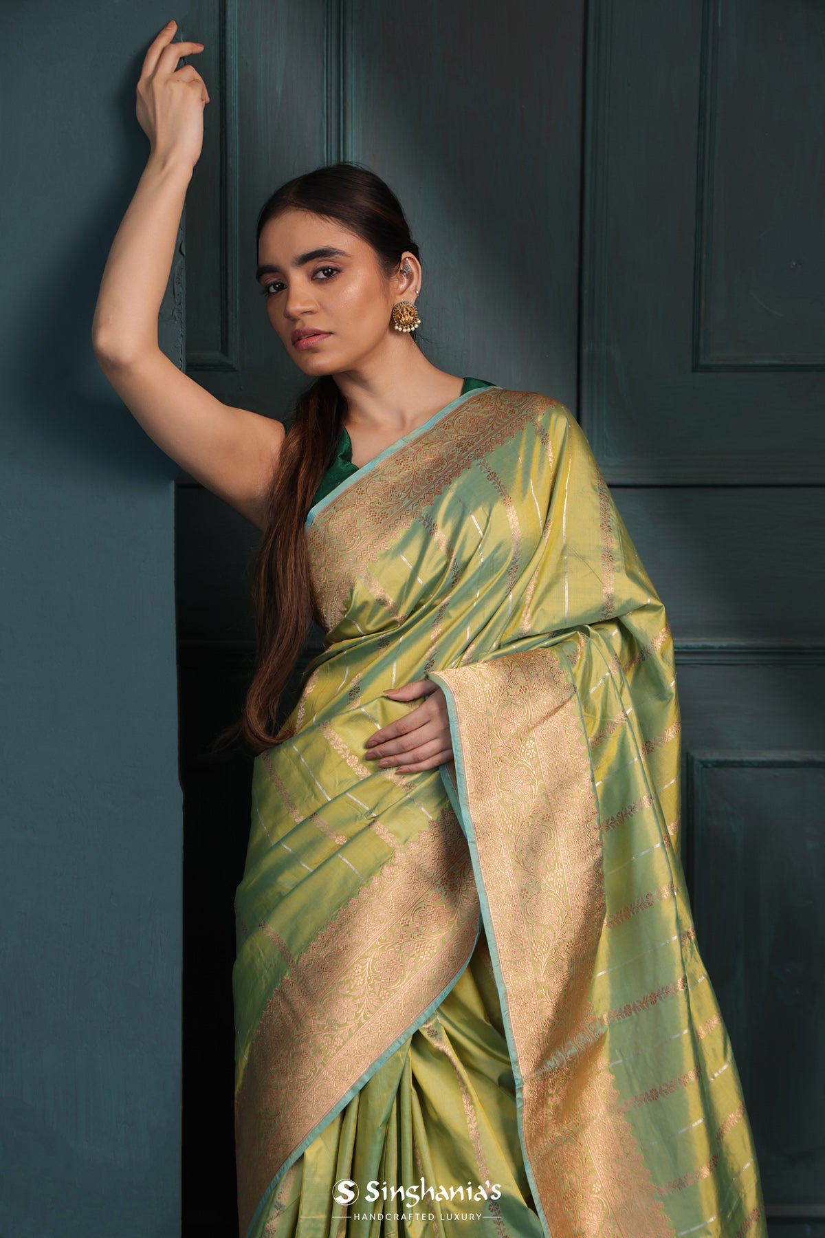 Pear Green Banarasi Silk Saree With Floral-Stripes Weaving