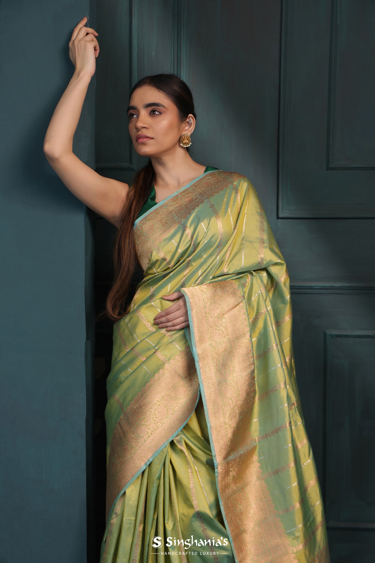 Pear Green Banarasi Silk Saree With Floral-Stripes Weaving