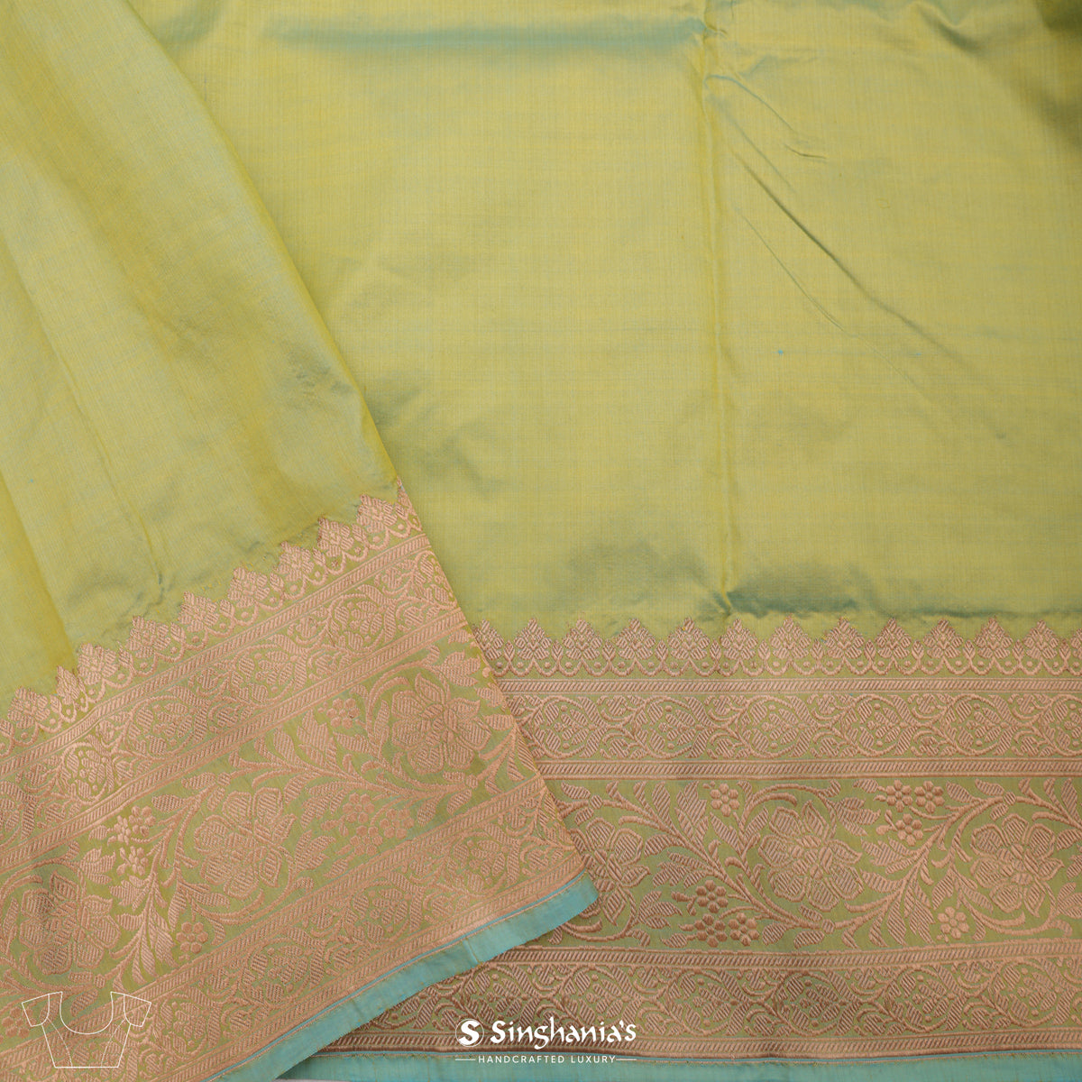 Pear Green Banarasi Silk Saree With Floral-Stripes Weaving